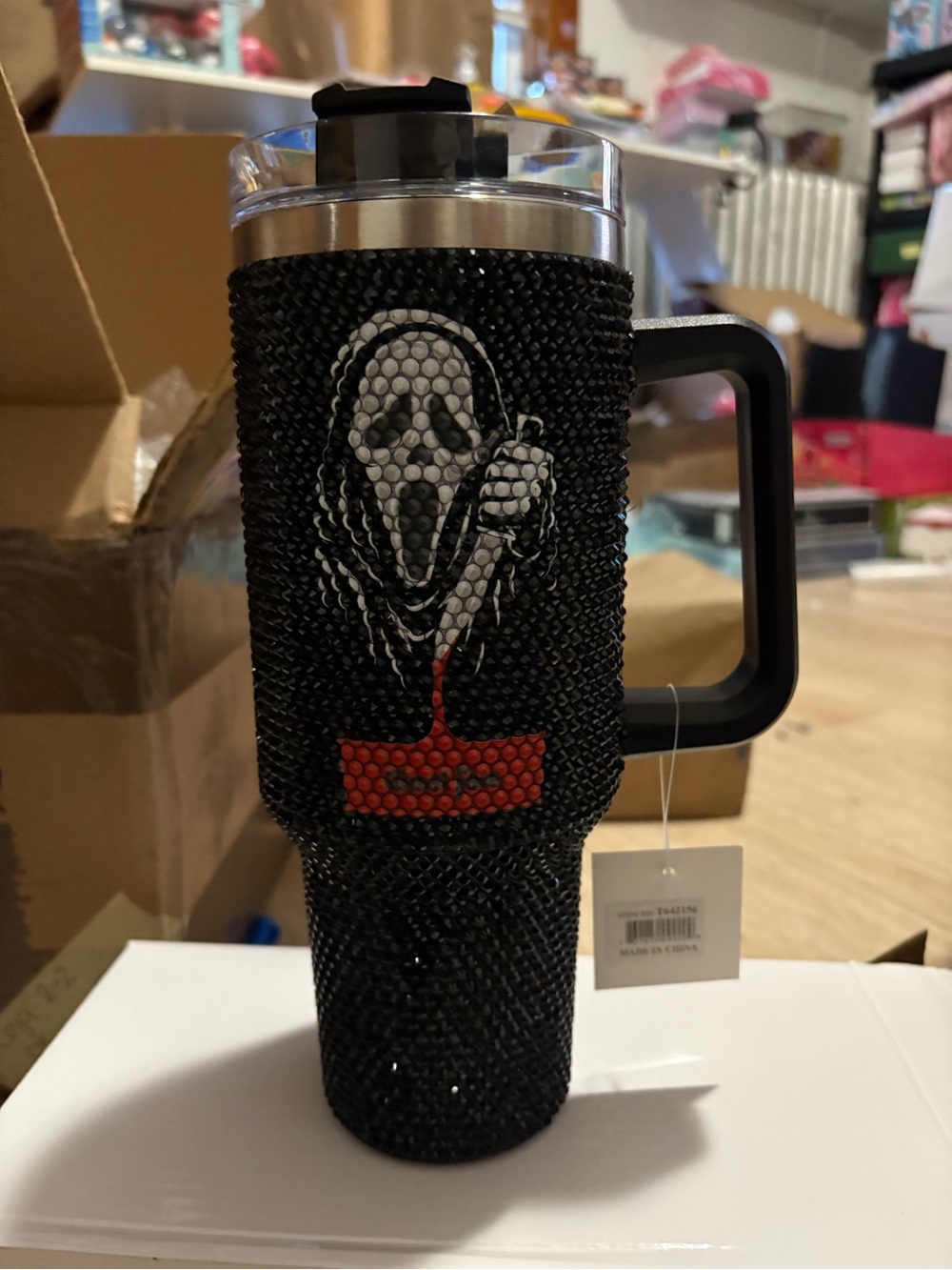 Black Rhinestone Travel Mug with Horror Mask Graphic
